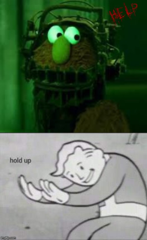 Reverse Bear Trap On, Hold Up | image tagged in fallout hold up,reverse bear trap on elmo,saw,jigsaw,trap | made w/ Imgflip meme maker