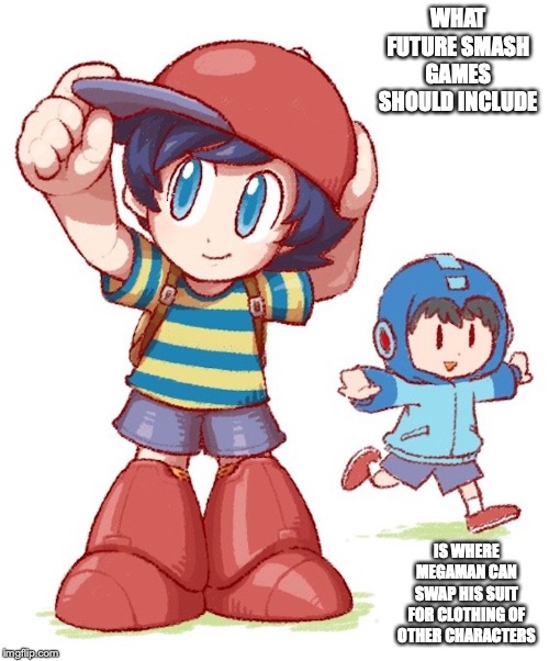 Megaman as Ness | WHAT FUTURE SMASH GAMES SHOULD INCLUDE; IS WHERE MEGAMAN CAN SWAP HIS SUIT FOR CLOTHING OF OTHER CHARACTERS | image tagged in mother earth,megaman,smash bros,memes,gaming | made w/ Imgflip meme maker