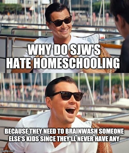 Leonardo Dicaprio Wolf Of Wall Street Meme | WHY DO SJW'S HATE HOMESCHOOLING; BECAUSE THEY NEED TO BRAINWASH SOMEONE ELSE'S KIDS SINCE THEY'LL NEVER HAVE ANY | image tagged in memes,leonardo dicaprio wolf of wall street | made w/ Imgflip meme maker