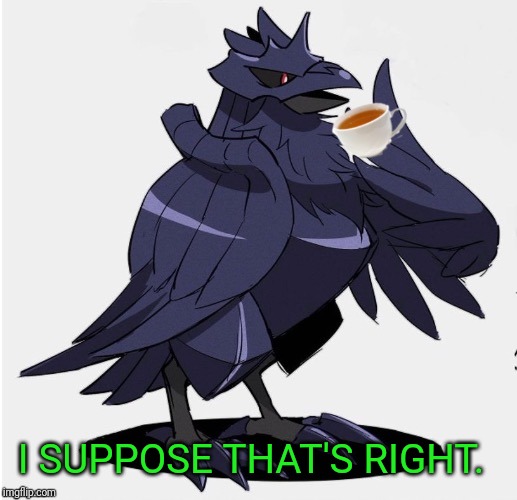 The_Tea_Drinking_Corviknight | I SUPPOSE THAT'S RIGHT. | image tagged in the_tea_drinking_corviknight | made w/ Imgflip meme maker
