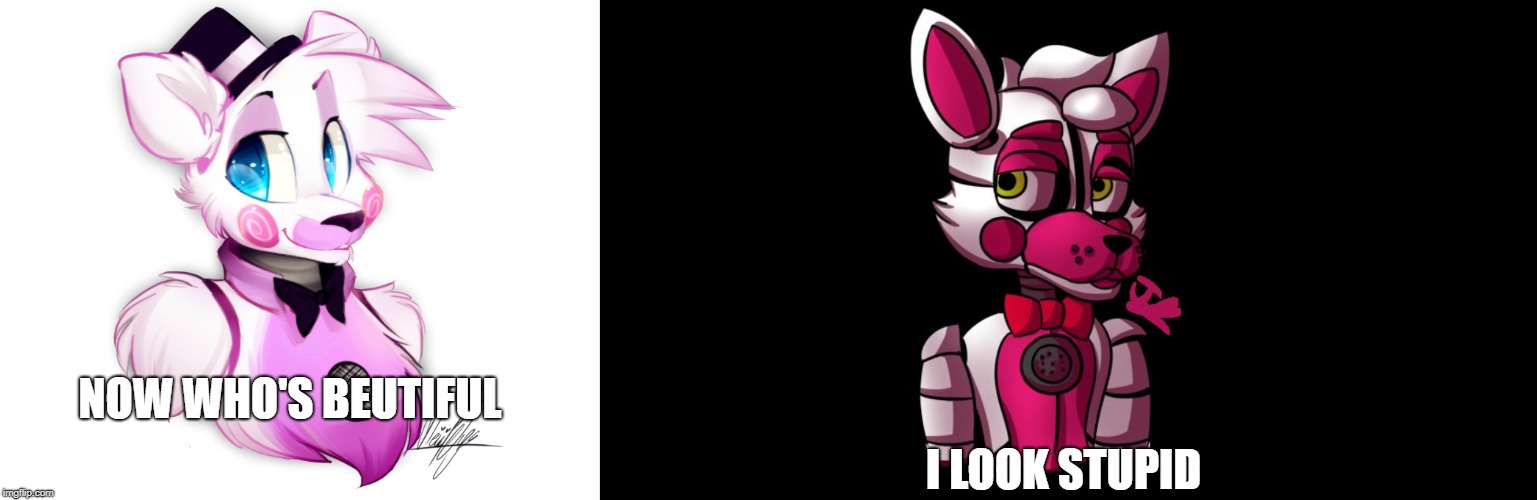don't judge the outside |  I LOOK STUPID; NOW WHO'S BEUTIFUL | image tagged in funtime foxy meme,funtime freedy | made w/ Imgflip meme maker