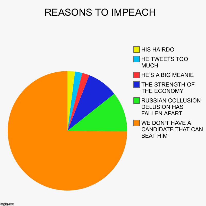 The real reasons | REASONS TO IMPEACH  | WE DON’T HAVE A CANDIDATE THAT CAN BEAT HIM, RUSSIAN COLLUSION DELUSION HAS FALLEN APART , THE STRENGTH OF THE ECONOMY | image tagged in charts,pie charts,impeach,trump | made w/ Imgflip chart maker