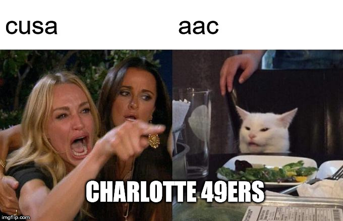 Woman Yelling At Cat Meme | cusa; aac; CHARLOTTE 49ERS | image tagged in memes,woman yelling at cat | made w/ Imgflip meme maker