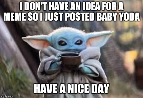 baby yoda | I DON'T HAVE AN IDEA FOR A MEME SO I JUST POSTED BABY YODA; HAVE A NICE DAY | image tagged in baby yoda | made w/ Imgflip meme maker