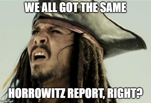 confused dafuq jack sparrow what | WE ALL GOT THE SAME; HORROWITZ REPORT, RIGHT? | image tagged in confused dafuq jack sparrow what | made w/ Imgflip meme maker