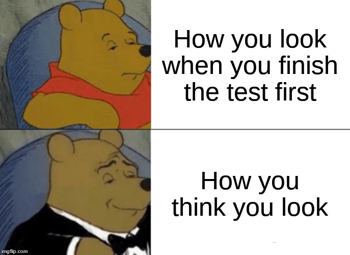 Tuxedo Winnie The Pooh | How you look when you finish the test first; How you think you look | image tagged in memes,tuxedo winnie the pooh | made w/ Imgflip meme maker