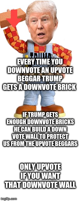 Build the downvote wal!!!!!! | EVERY TIME YOU DOWNVOTE AN UPVOTE BEGGAR TRUMP GETS A DOWNVOTE BRICK; IF TRUMP GETS ENOUGH DOWNVOTE BRICKS HE CAN BUILD A DOWN VOTE WALL TO PROTECT US FROM THE UPVOTE BEGGARS; ONLY UPVOTE IF YOU WANT THAT DOWNVOTE WALL | image tagged in downvote,donald trump | made w/ Imgflip meme maker