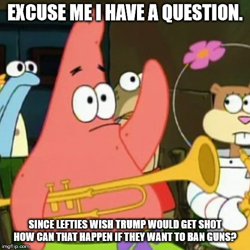 Uh oh I guess I *triggered* those hypocrites. | EXCUSE ME I HAVE A QUESTION. SINCE LEFTIES WISH TRUMP WOULD GET SHOT HOW CAN THAT HAPPEN IF THEY WANT TO BAN GUNS? | image tagged in no patrick,stupid liberals,liberal hypocrisy,president trump | made w/ Imgflip meme maker