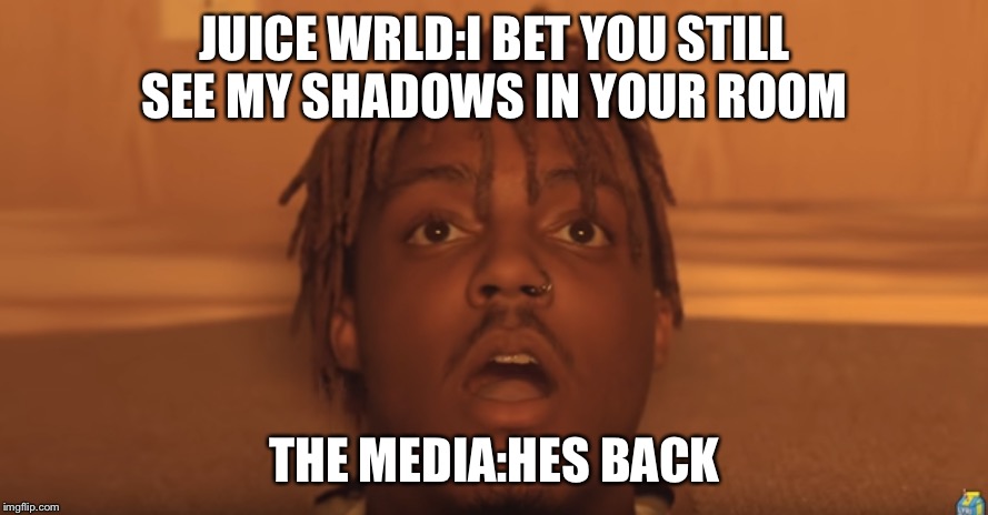 shocked juice wrld | JUICE WRLD:I BET YOU STILL SEE MY SHADOWS IN YOUR ROOM; THE MEDIA:HES BACK | image tagged in shocked juice wrld | made w/ Imgflip meme maker