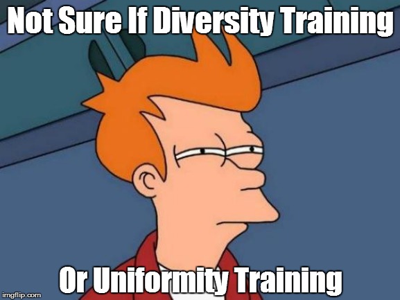 The Beginning of The End? | Not Sure If Diversity Training; Or Uniformity Training | image tagged in futurama fry,political memes,diversity,equality,satire,social justice | made w/ Imgflip meme maker