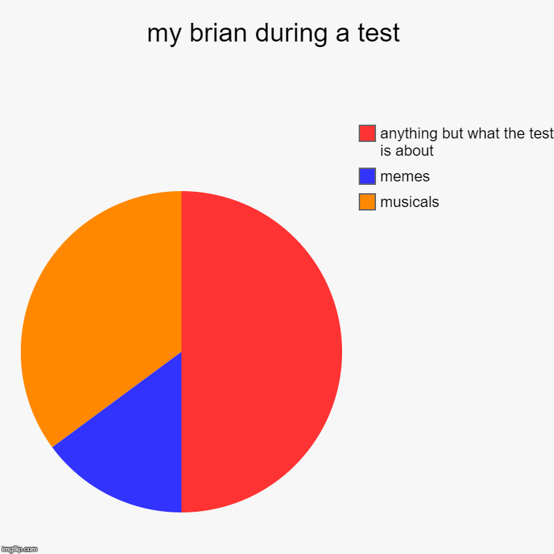 my brian during a test | musicals, memes, anything but what the test is about | image tagged in charts,pie charts | made w/ Imgflip chart maker