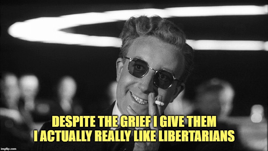 Doctor Strangelove says... | DESPITE THE GRIEF I GIVE THEM
I ACTUALLY REALLY LIKE LIBERTARIANS | image tagged in doctor strangelove says | made w/ Imgflip meme maker