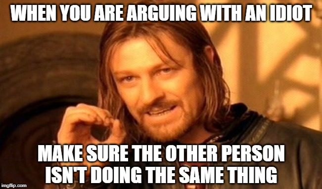 One Does Not Simply Meme | WHEN YOU ARE ARGUING WITH AN IDIOT; MAKE SURE THE OTHER PERSON ISN'T DOING THE SAME THING | image tagged in memes,one does not simply | made w/ Imgflip meme maker