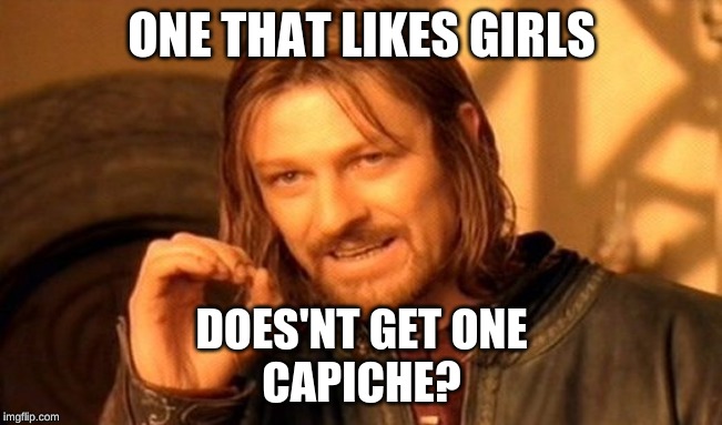One Does Not Simply | ONE THAT LIKES GIRLS; DOES'NT GET ONE
CAPICHE? | image tagged in memes,one does not simply | made w/ Imgflip meme maker