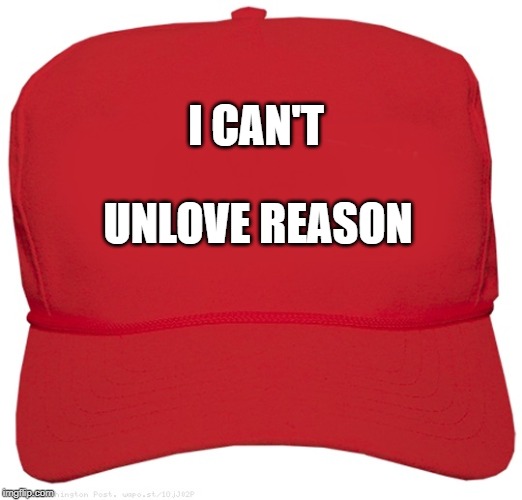 blank red MAGA hat | I CAN'T; UNLOVE REASON | image tagged in blank red maga hat | made w/ Imgflip meme maker