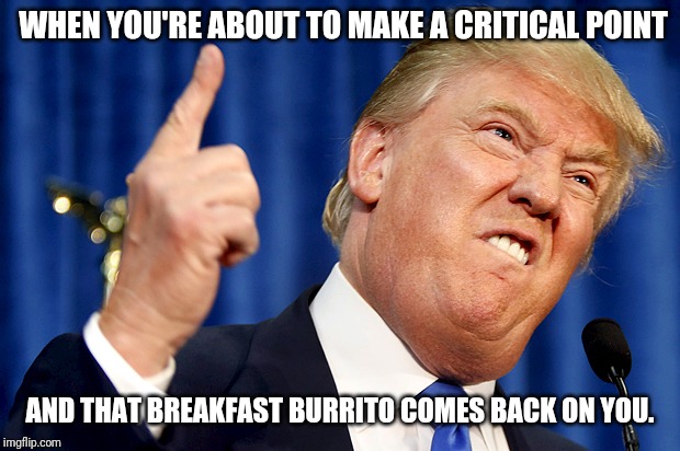 Donald Trump | WHEN YOU'RE ABOUT TO MAKE A CRITICAL POINT; AND THAT BREAKFAST BURRITO COMES BACK ON YOU. | image tagged in donald trump | made w/ Imgflip meme maker