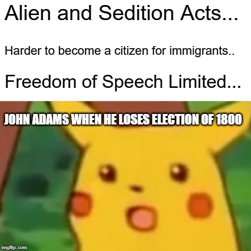 Surprised Pikachu | Alien and Sedition Acts... Harder to become a citizen for immigrants.. Freedom of Speech Limited... JOHN ADAMS WHEN HE LOSES ELECTION OF 1800 | image tagged in memes,surprised pikachu | made w/ Imgflip meme maker