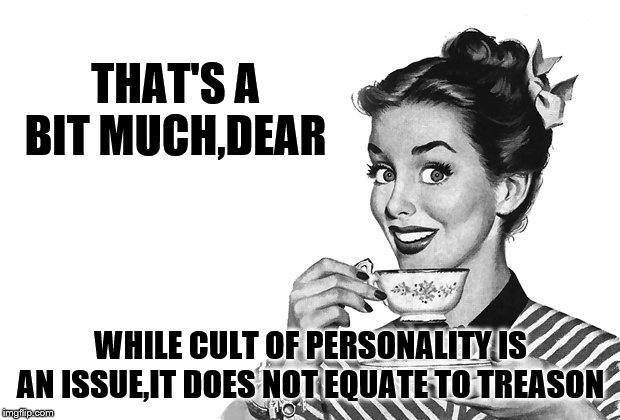 1950s Housewife | THAT'S A BIT MUCH,DEAR WHILE CULT OF PERSONALITY IS AN ISSUE,IT DOES NOT EQUATE TO TREASON | image tagged in 1950s housewife | made w/ Imgflip meme maker