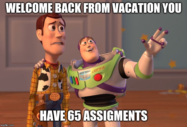 X, X Everywhere | WELCOME BACK FROM VACATION YOU; HAVE 65 ASSIGMENTS | image tagged in memes,x x everywhere | made w/ Imgflip meme maker