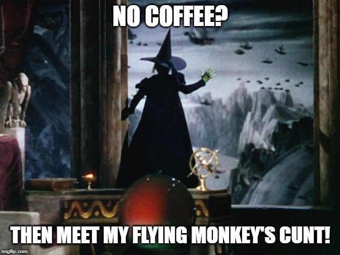 NO COFFEE? THEN MEET MY FLYING MONKEY'S CUNT! | image tagged in wizard of oz,wicked witch,wicked witch of the west,flying monkeys | made w/ Imgflip meme maker