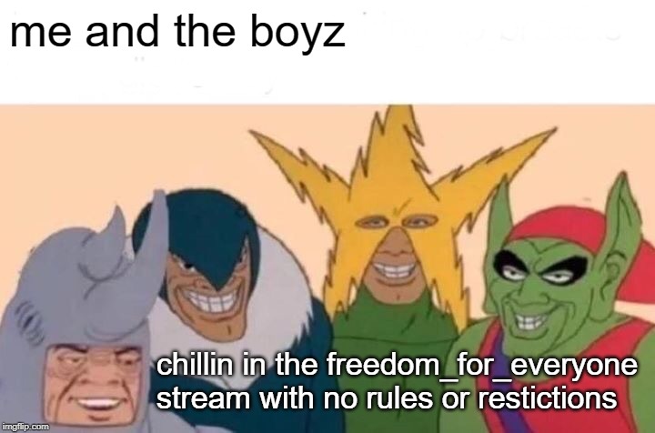 Me And The Boys | me and the boyz; chillin in the freedom_for_everyone stream with no rules or restictions | image tagged in memes,me and the boys | made w/ Imgflip meme maker