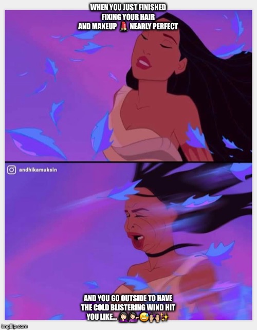 When the wind hit you like... ????✨ | WHEN YOU JUST FINISHED FIXING YOUR HAIR AND MAKEUP 💄 NEARLY PERFECT; AND YOU GO OUTSIDE TO HAVE THE COLD BLISTERING WIND HIT YOU LIKE... 🤦🏻‍♀️💁🏻‍♀️😅🙌🏼✨ | image tagged in pocahontas,wind,native,beauty,makeup,indigenous | made w/ Imgflip meme maker