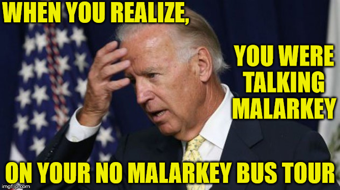 Joe Biden Malarkey Worries | WHEN YOU REALIZE, YOU WERE TALKING MALARKEY; ON YOUR NO MALARKEY BUS TOUR | image tagged in joe biden worries,memes,2020 elections,when you realize,one does not simply,aint nobody got time for that | made w/ Imgflip meme maker