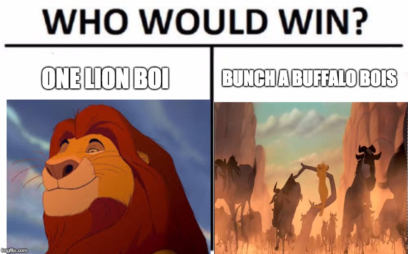 Who Would Win? Meme | ONE LION BOI; BUNCH A BUFFALO BOIS | image tagged in memes,who would win | made w/ Imgflip meme maker