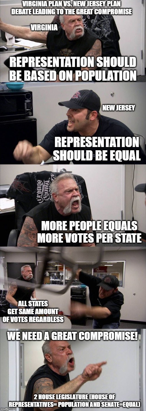 American Chopper Argument Meme |  VIRGINIA PLAN VS. NEW JERSEY PLAN DEBATE LEADING TO THE GREAT COMPROMISE; VIRGINIA; REPRESENTATION SHOULD BE BASED ON POPULATION; NEW JERSEY; REPRESENTATION SHOULD BE EQUAL; MORE PEOPLE EQUALS MORE VOTES PER STATE; ALL STATES GET SAME AMOUNT OF VOTES REGARDLESS; WE NEED A GREAT COMPROMISE! 2 HOUSE LEGISLATURE (HOUSE OF REPRESENTATIVES= POPULATION AND SENATE=EQUAL) | image tagged in memes,american chopper argument | made w/ Imgflip meme maker