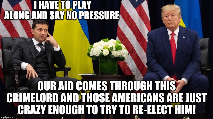 Quid pro quo and dirt on Jo or aid no flo! | I HAVE TO PLAY ALONG AND SAY NO PRESSURE; OUR AID COMES THROUGH THIS CRIMELORD AND THOSE AMERICANS ARE JUST CRAZY ENOUGH TO TRY TO RE-ELECT HIM! | image tagged in zelensky realizes his wallet's gone trump plays innocent,memes,politics | made w/ Imgflip meme maker