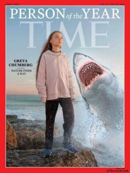 Greta Chumberg: Shark Bait TIME | image tagged in greta thunberg,greta thunberg how dare you,ecofascist greta thunberg,greta chumberg,chum the waters | made w/ Imgflip meme maker