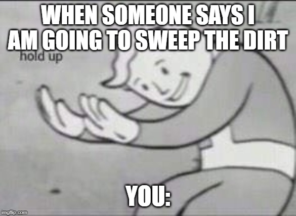 Fallout Hold Up | WHEN SOMEONE SAYS I AM GOING TO SWEEP THE DIRT; YOU: | image tagged in fallout hold up,memes | made w/ Imgflip meme maker