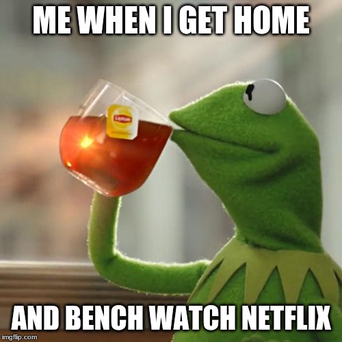 But That's None Of My Business Meme | ME WHEN I GET HOME; AND BENCH WATCH NETFLIX | image tagged in memes,but thats none of my business,kermit the frog | made w/ Imgflip meme maker