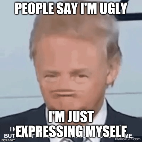 life is 3 | PEOPLE SAY I'M UGLY; I'M JUST EXPRESSING MYSELF | image tagged in trump life | made w/ Imgflip meme maker