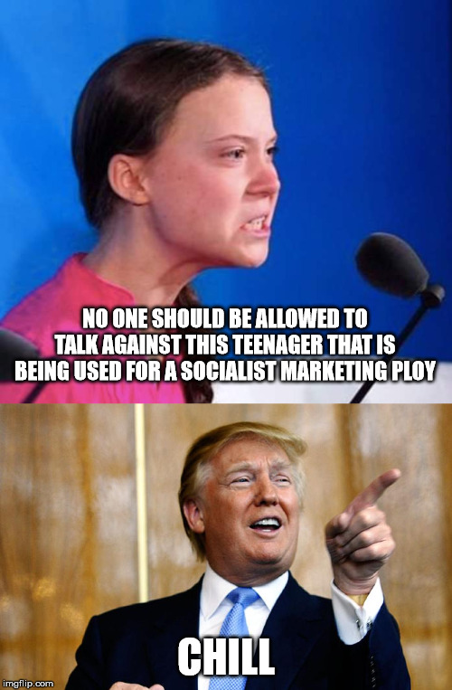 Chill out libs... | NO ONE SHOULD BE ALLOWED TO TALK AGAINST THIS TEENAGER THAT IS BEING USED FOR A SOCIALIST MARKETING PLOY; CHILL | image tagged in greta thunberg angry,donald trump,climate change hoax,its all a lie,time magazine person of the year | made w/ Imgflip meme maker