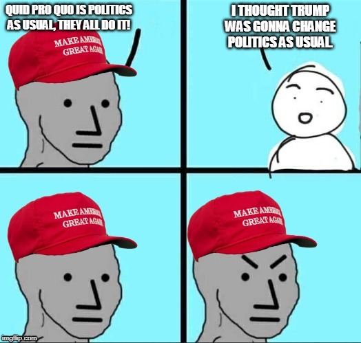 MAGA NPC (AN AN0NYM0US TEMPLATE) | I THOUGHT TRUMP WAS GONNA CHANGE POLITICS AS USUAL. QUID PRO QUO IS POLITICS AS USUAL, THEY ALL DO IT! | image tagged in maga npc | made w/ Imgflip meme maker