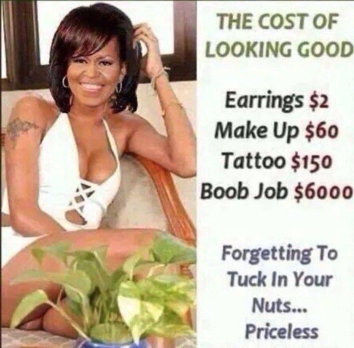 The Cost of Looking Good | image tagged in moochelle,tranny,michelle obama,testicles,gonads,funny | made w/ Imgflip meme maker