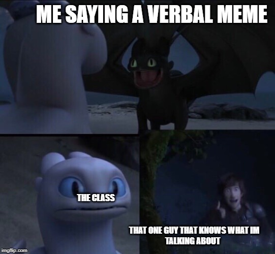 How to train your dragon 3 | ME SAYING A VERBAL MEME; THE CLASS                                                  
                                                                                                                                                       
                                                                         THAT ONE GUY THAT KNOWS WHAT IM 
                                                                      TALKING ABOUT | image tagged in how to train your dragon 3 | made w/ Imgflip meme maker
