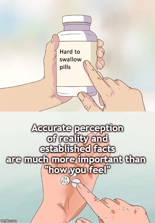 Hard To Swallow Pills | Accurate perception of reality and established facts are much more important than 
"how you feel" | image tagged in memes,hard to swallow pills | made w/ Imgflip meme maker