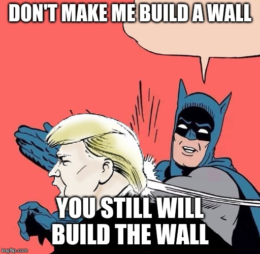 Batman slaps Trump | DON'T MAKE ME BUILD A WALL; YOU STILL WILL BUILD THE WALL | image tagged in batman slaps trump | made w/ Imgflip meme maker