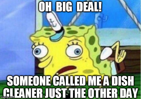 Mocking Spongebob Meme | OH  BIG  DEAL! SOMEONE CALLED ME A DISH CLEANER JUST THE OTHER DAY | image tagged in memes,mocking spongebob | made w/ Imgflip meme maker