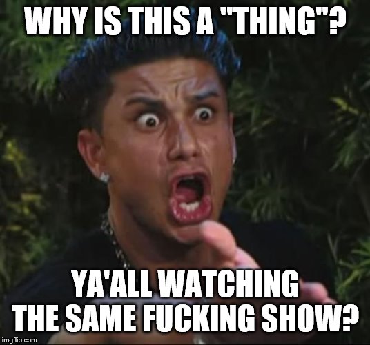 DJ Pauly D Meme | WHY IS THIS A "THING"? YA'ALL WATCHING THE SAME F**KING SHOW? | image tagged in memes,dj pauly d | made w/ Imgflip meme maker
