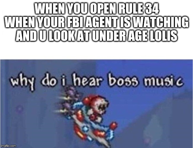 why do i hear boss music | WHEN YOU OPEN RULE 34 WHEN YOUR FBI AGENT IS WATCHING AND U LOOK AT UNDER AGE LOLIS | image tagged in why do i hear boss music | made w/ Imgflip meme maker