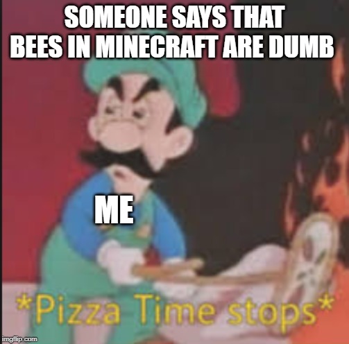 Pizza Time Stops | SOMEONE SAYS THAT BEES IN MINECRAFT ARE DUMB; ME | image tagged in pizza time stops | made w/ Imgflip meme maker