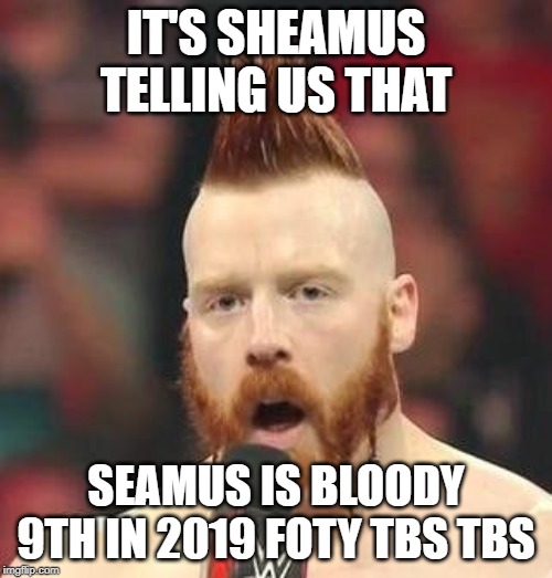 Sheamus | IT'S SHEAMUS TELLING US THAT; SEAMUS IS BLOODY 9TH IN 2019 FOTY TBS TBS | image tagged in sheamus | made w/ Imgflip meme maker
