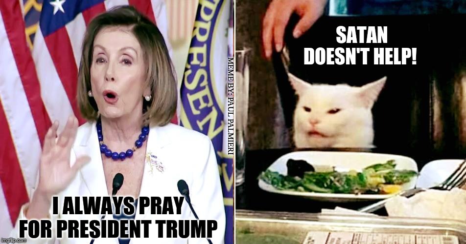 Nancy Pelosi Praying for President Trump: Miss Spirit Cooker | SATAN DOESN'T HELP! MEME BY: PAUL PALMIERI; I ALWAYS PRAY FOR PRESIDENT TRUMP | image tagged in nancy pelosi,nancy pelosi praying for trump,nancy pelosi wtf,nancy pelosi is crazy,funny memes,woman and cat | made w/ Imgflip meme maker