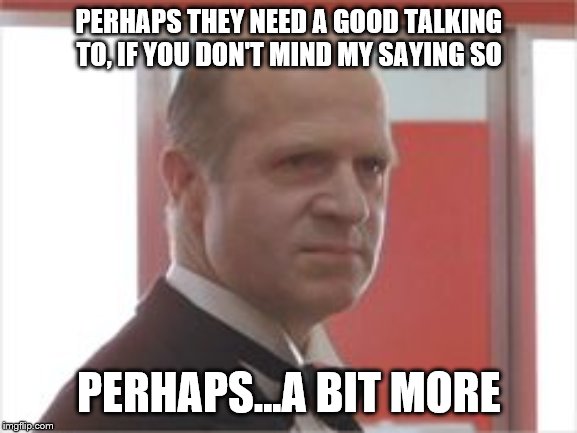 Grady shining | PERHAPS THEY NEED A GOOD TALKING TO, IF YOU DON'T MIND MY SAYING SO; PERHAPS...A BIT MORE | image tagged in grady shining | made w/ Imgflip meme maker