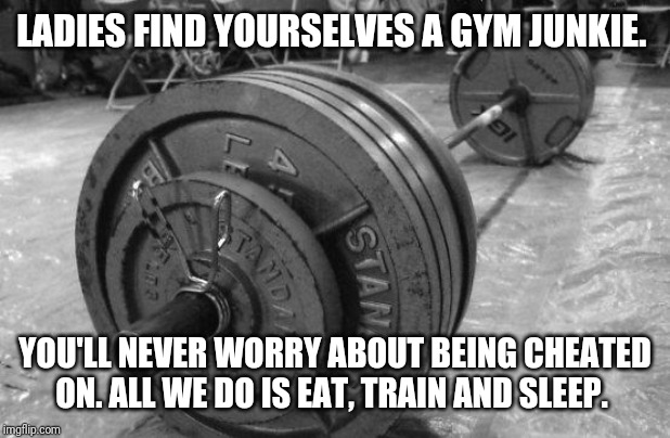barbell | LADIES FIND YOURSELVES A GYM JUNKIE. YOU'LL NEVER WORRY ABOUT BEING CHEATED ON. ALL WE DO IS EAT, TRAIN AND SLEEP. | image tagged in barbell | made w/ Imgflip meme maker