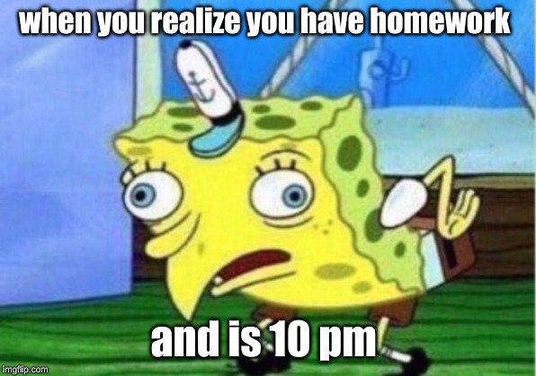 Mocking Spongebob | when you realize you have homework; and is 10 pm | image tagged in memes,mocking spongebob | made w/ Imgflip meme maker