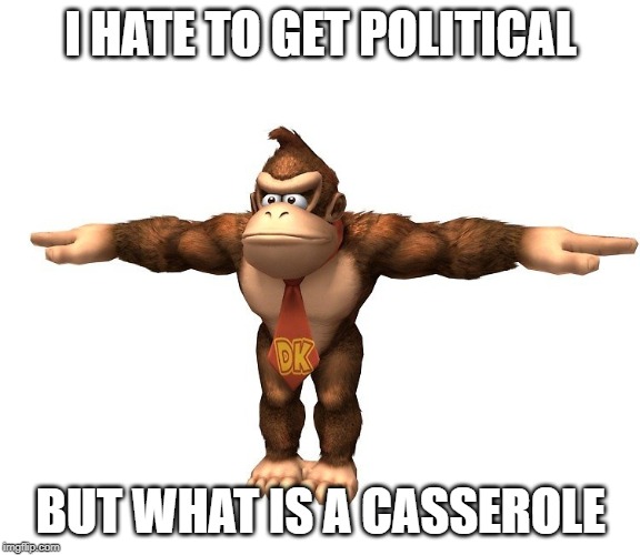 Donkey kong t-pose | I HATE TO GET POLITICAL; BUT WHAT IS A CASSEROLE | image tagged in donkey kong t-pose | made w/ Imgflip meme maker